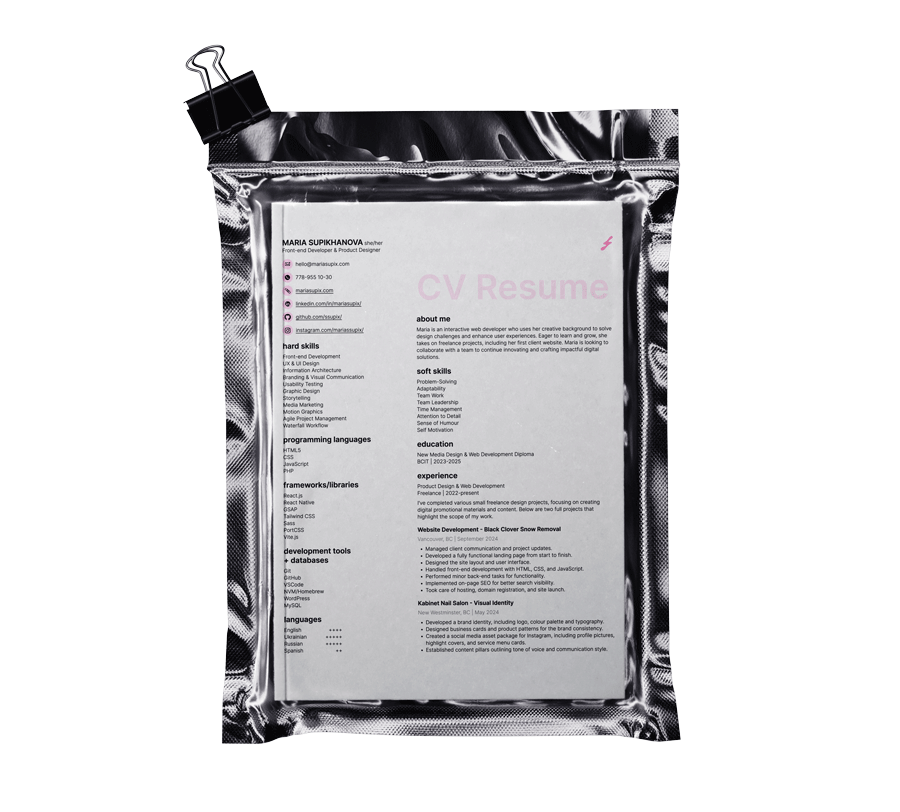 Maria's CV Resume in plastic